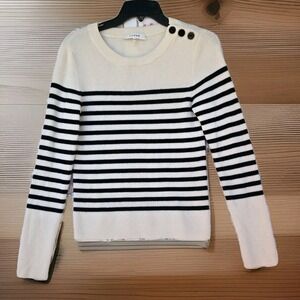 FRAME Off‎ White Black Striped 100% Merino Wool Crew Neck Sweater Size Medium
